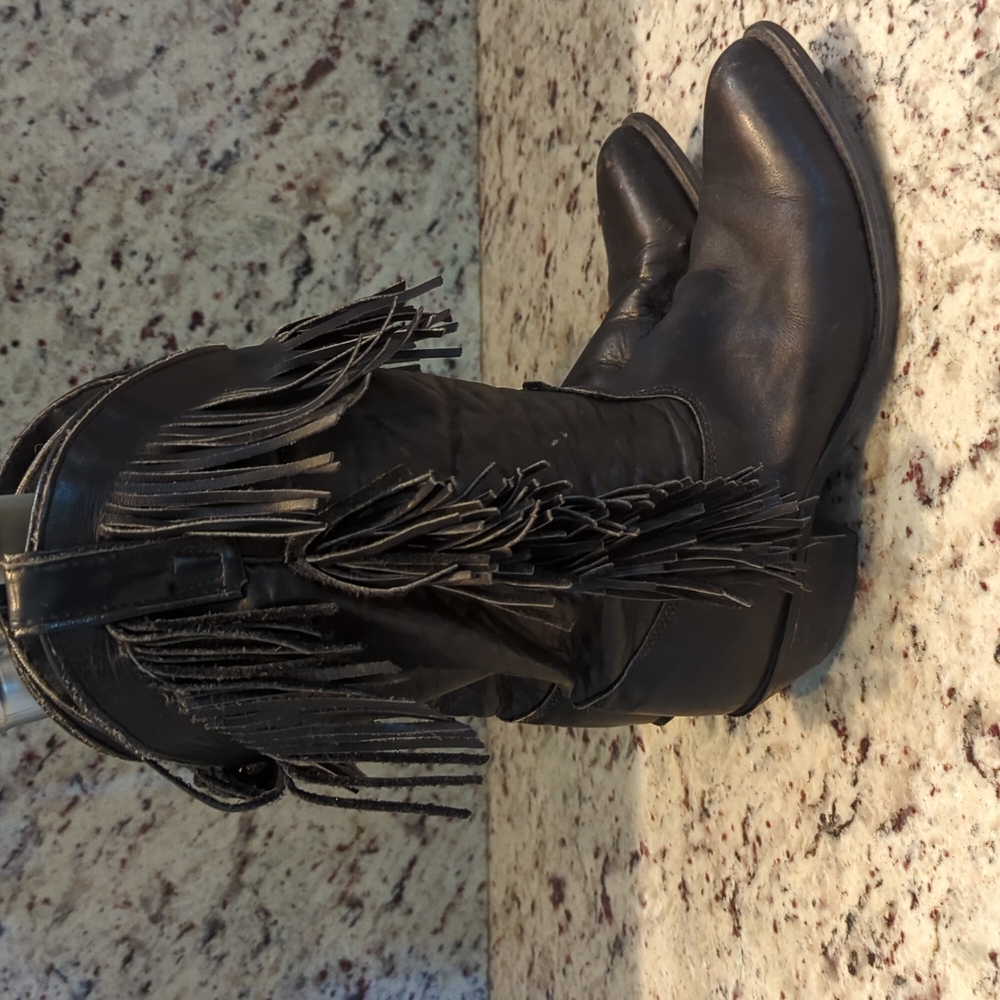 🫶8Vintage Fringed Leather Black Boots - Picture 2 of 7